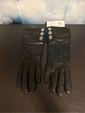 Coach Black Leather Gloves Teal Trim triple turn lock cashmere lined size 7  NWT